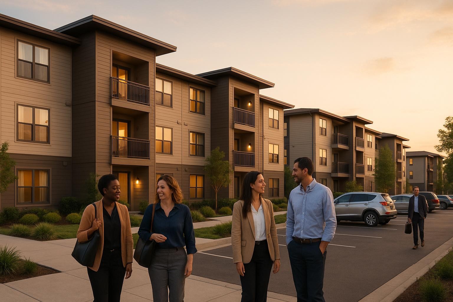 Professionals walking through a modern multifamily community at dusk